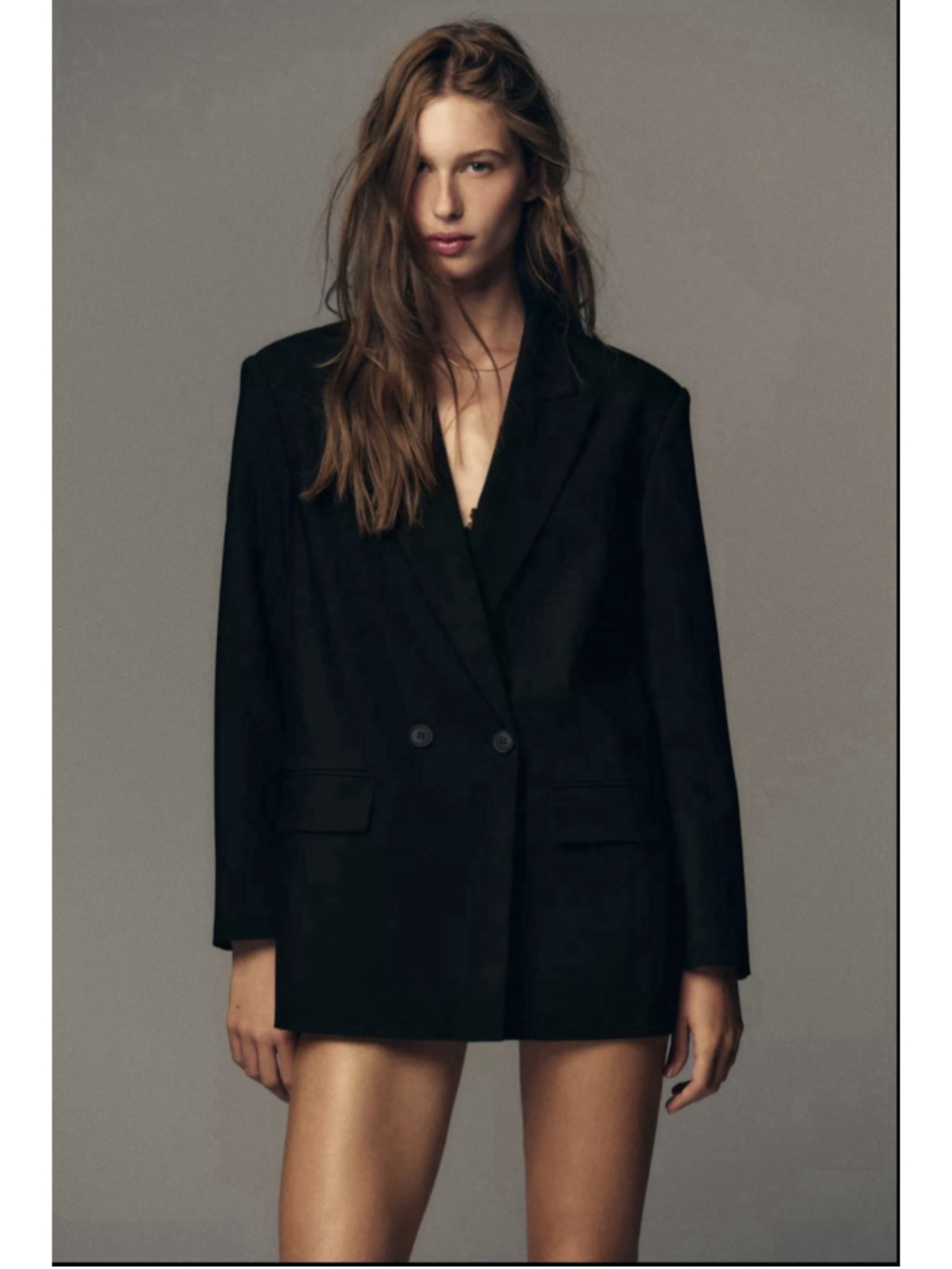 Zara Oversized Double Breasted Longline Blazer Black Tailored Jacket Size S